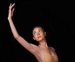 Beauty, ballet and dancer pose on black background for creative performance, dancing and training. Ballerina mockup, elegant art and isolated girl with glow for routine, practice and stretching arms