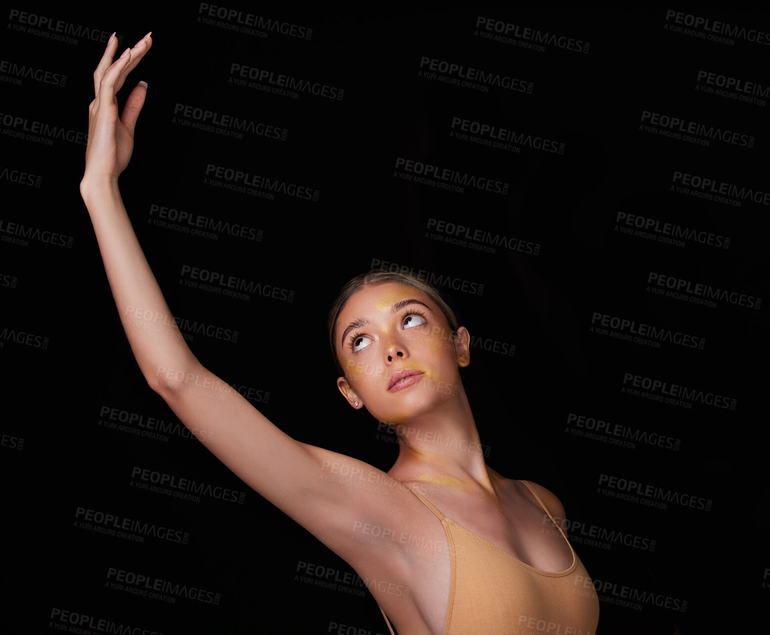 Buy stock photo Beauty, ballet and dancer pose on black background for creative performance, dancing and training. Ballerina mockup, elegant art and isolated girl with glow for routine, practice and stretching arms