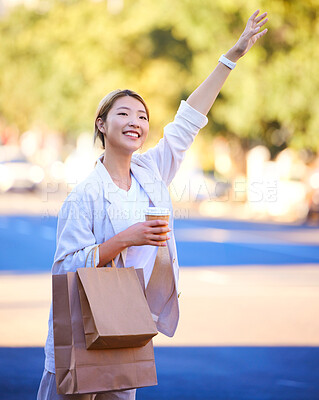 Buy stock photo Taxi, shopping bags and coffee with Asian woman in city for sales, grocery and retail boutique. Happy, smile and summer with customer and hand for travel service in outdoors for fashion, deal or gift