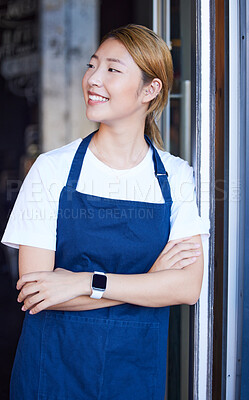 Buy stock photo Open, happy and Asian woman at door of cafe for welcome, waitress and entrepreneur in startup. Small business, smile and manager with girl barista in coffee shop for retail, restaurant and service