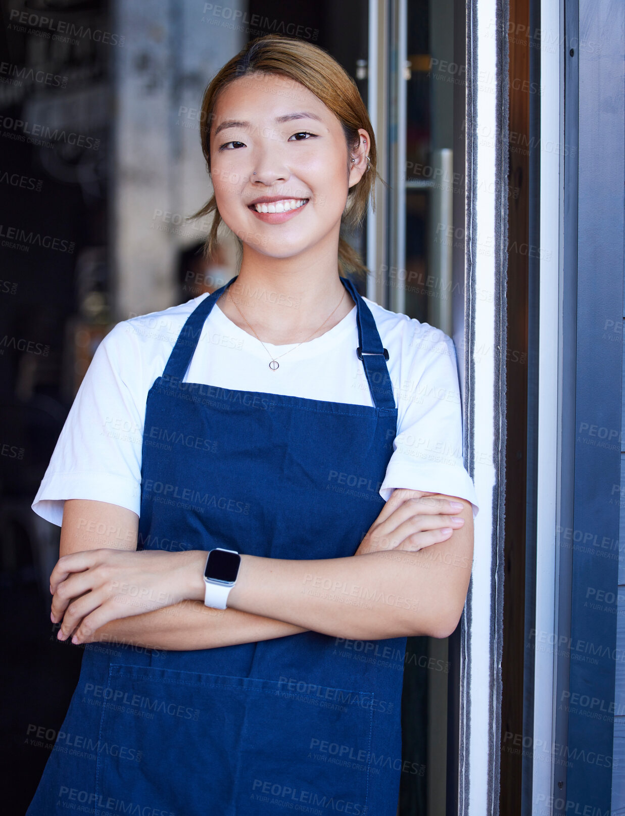 Buy stock photo Welcome, cafe and portrait of asian woman at door for confident, waitress and entrepreneur in startup. Small business, smile and manager with barista in coffee shop for retail, restaurant and service