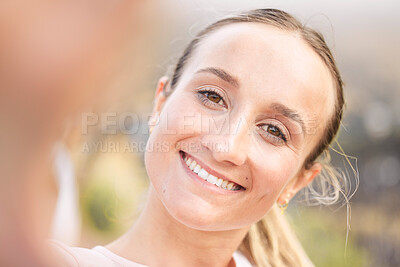 Buy stock photo Portrait, selfie and woman in nature for wellness, relax or training, happy and smile on blurred background. Face, girl and runner pose for profile picture, photo or social media update after workout