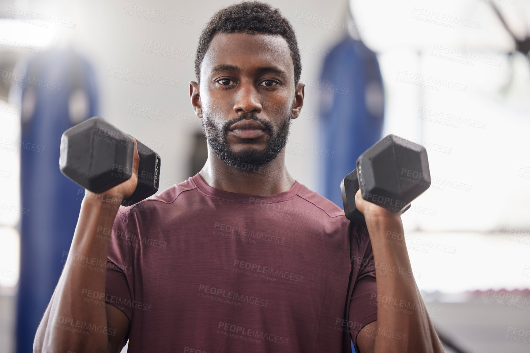 Buy stock photo Black man, portrait and dumbbell workout in gym for strong power, wellness exercise and serious mindset. Bodybuilder, fitness and male training with weights for health, sports energy or muscle growth