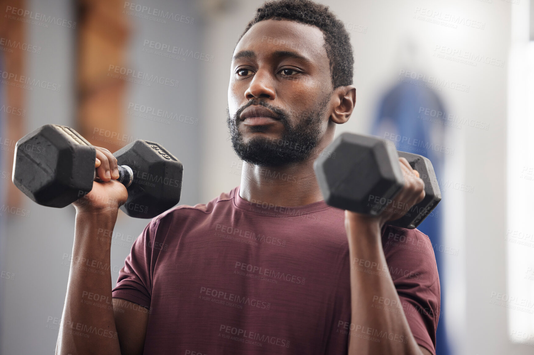 Buy stock photo Black man, fitness and dumbbell exercise in gym for strong power, workout wellness and serious mindset. Bodybuilder, athlete and male training with weights for health, sports energy and muscle growth