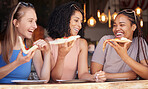 Woman, friends and laughing for pizza, food or eating at funny restaurant together in friendship. Happy hungry women laugh and smile for fun date, socializing or bonding at cafe enjoying Italian meal