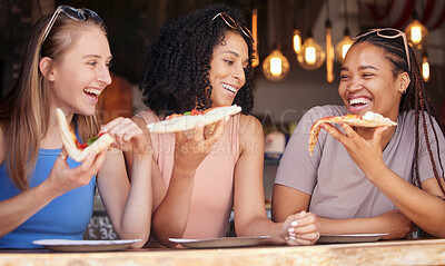 Buy stock photo Woman, friends and laughing for pizza, food or eating at funny restaurant together in friendship. Happy hungry women laugh and smile for fun date, socializing or bonding at cafe enjoying Italian meal