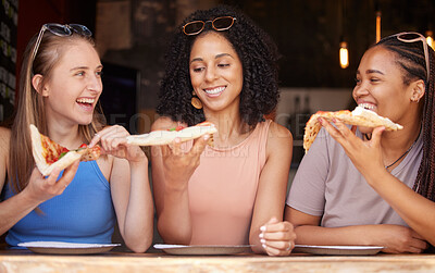 Buy stock photo Woman, friends and smile for pizza, food or eating at restaurant together in friendship. Happy hungry women smiling and relaxing on fun date, socializing or bonding at cafe enjoying Italian meal