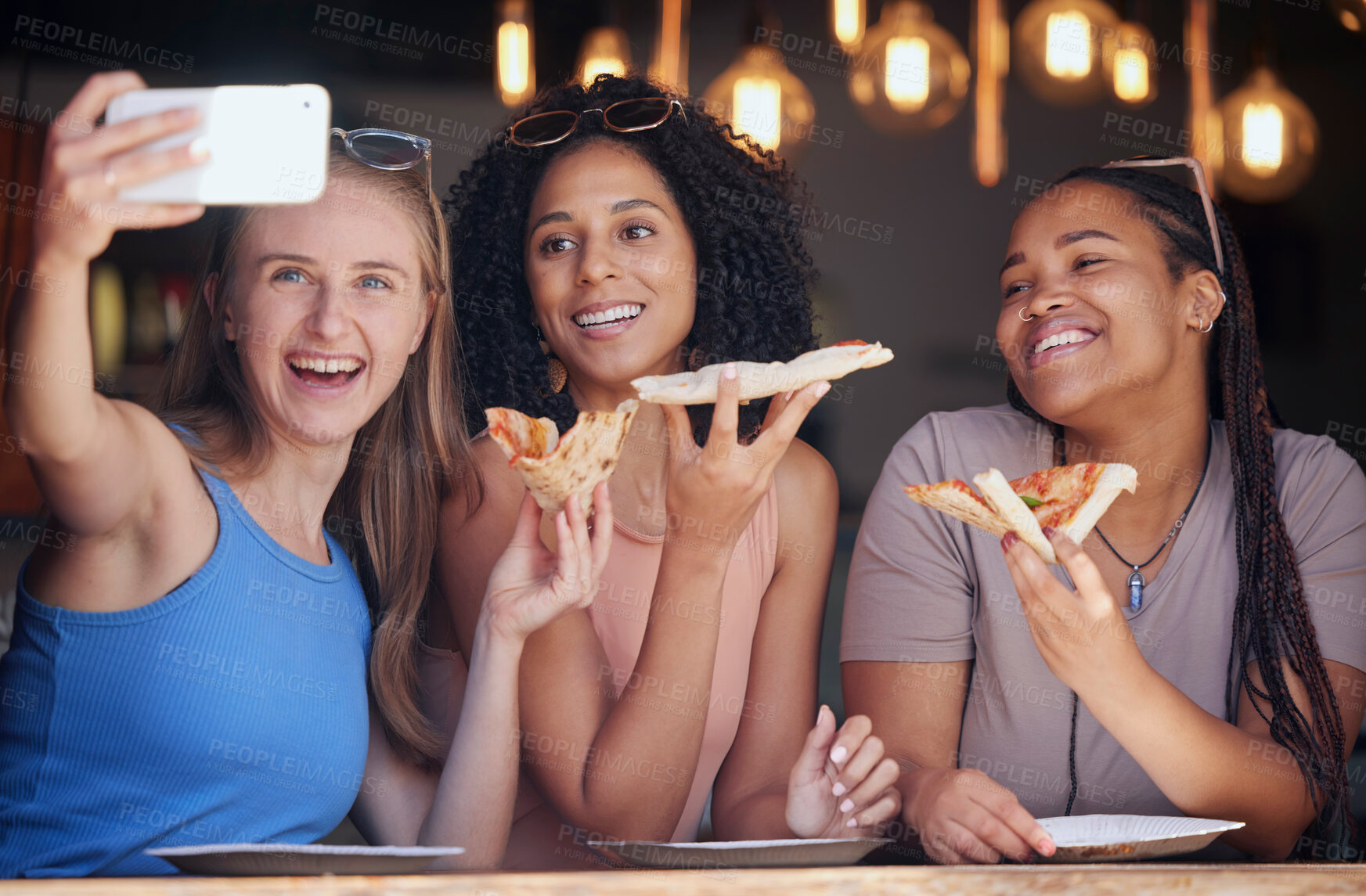 Buy stock photo Woman, friends and pizza for selfie, memory or eating at restaurant together for social media post. Happy women smiling for photo, vlog or profile picture in friendship enjoying food and bonding time