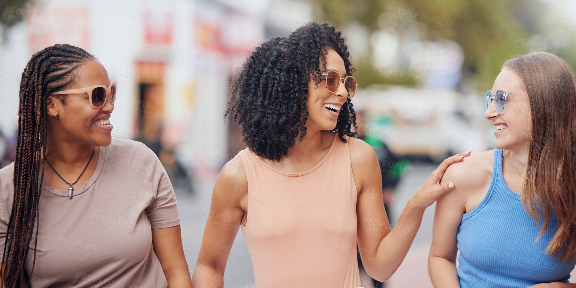 Buy stock photo Girl friends, happy conversation and travel with women in New York together with a smile. Communication, laughing and freedom of young people traveling on a holiday and vacation walking in a city 