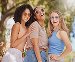 Women friends, park portrait and sunglasses with smile, comic laugh and sunshine with diversity on holiday. Black woman, girl and happiness with solidarity for excited gen z students on summer walk