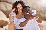 Black couple, selfie and beach with a woman and man together taking a social media profile picture. Love, care and summer travel of young people outdoor with freedom on a holiday with happiness