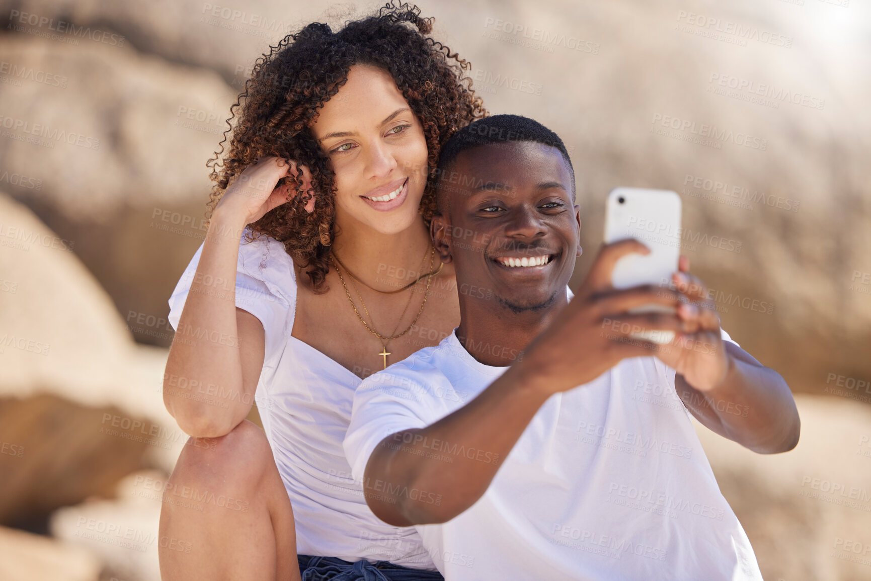 Buy stock photo Black couple, selfie and beach with a woman and man together taking a social media profile picture. Love, care and summer travel of young people outdoor with freedom on a holiday with happiness