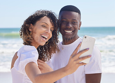 Buy stock photo Black couple smile, selfie and sea water with a woman and man together for social media profile picture. Love, care and summer travel of young people outdoor with freedom on a holiday with happiness