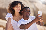 Black couple, smile selfie and beach with a woman and man together for a social media profile picture. Love, phone and summer travel of young people outdoor with freedom on a holiday with happiness