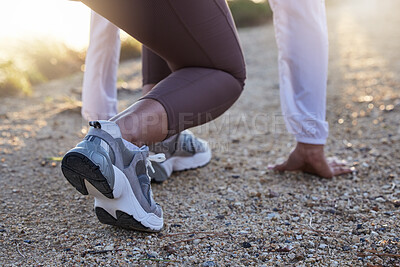 Buy stock photo Fitness, shoes or runner ready to start running workout, sports exercise or cardio training outdoors. Wellness, legs or healthy girl with commitment, resilience or motivation for exercising in race