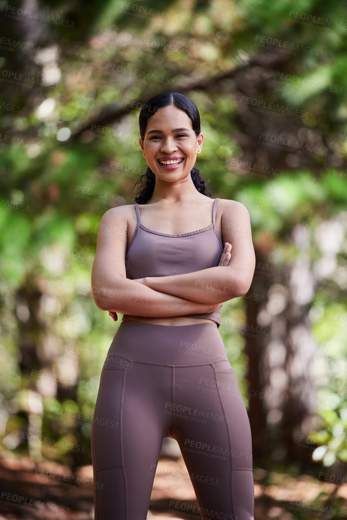 Buy stock photo Happy, fitness and portrait of a woman with arms crossed for running, exercise and outdoor cardio. Training, nature and athlete girl ready to start a workout in Morocco with confidence in the morning