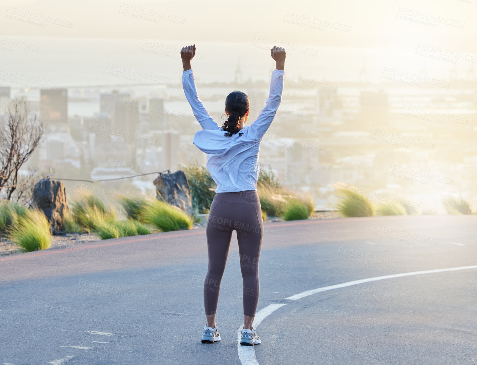 Buy stock photo Run celebration, woman workout and fitness goal of a excited and happy runner on a road. Cityscape sunset, freedom and motivation of a female athlete back feeling exercise success from running