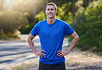 Portrait, fitness and smile of man in nature ready for running, exercise or workout. Sports, training face and happy, proud and confident male athlete from Canada preparing to start cardio or jog.