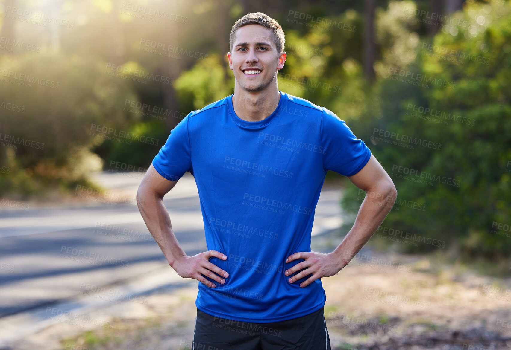 Buy stock photo Portrait, fitness and smile of man in nature ready for running, exercise or workout. Sports, training face and happy, proud and confident male athlete from Canada preparing to start cardio or jog.