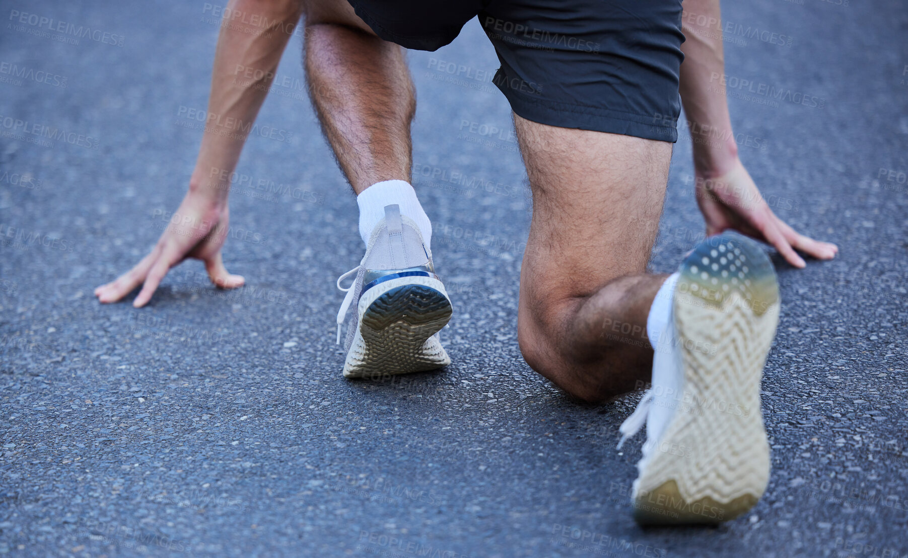 Buy stock photo Running shoes start, street and exercise of a man doing race training, workout and sport outdoor. Feet, wellness and health of sprinter on the road for fitness, sports and athlete cardio ready to go