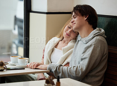 Buy stock photo Gen z, couple and coffee shop date together with love, care and hand holding in a cafe. Restaurant, relax and happiness of a teen man and girl with a happy smile from teenager relationship in morning