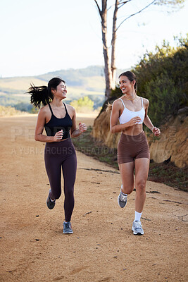 Buy stock photo People, running and fitness women on mountain for a workout or exercise together for health and wellness happy and active. Cardio by female athletes run on a morning training outdoors in nature