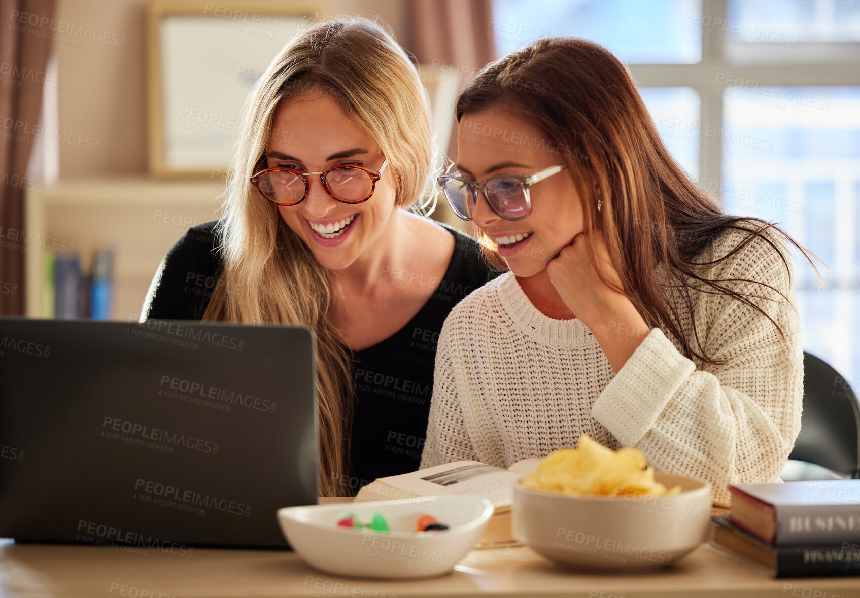 Buy stock photo Laptop, women and friends laughing in home while streaming video or comedy movie. Technology, computer and happy girls bonding while watching film, having fun and laugh at comic joke, meme or humor.