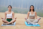 Yoga, meditation and wellness with woman friends in nature, sitting on a mat for mental health or balance. Fitness, forest or mindfulness with a young female yogi and friend meditating outdoor