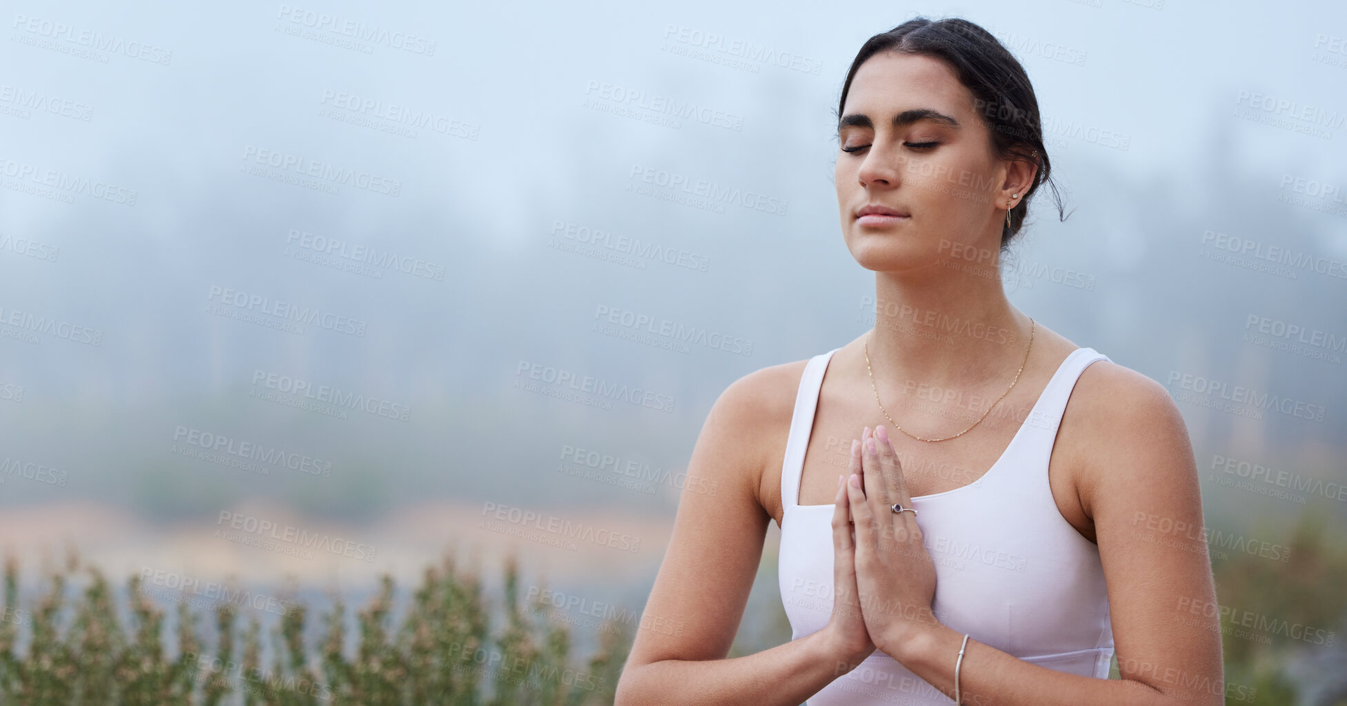 Buy stock photo Yoga, mockup or woman in prayer in nature for spiritual meditation, peaceful or for worship outdoors. Fitness, lotus or healthy girl relaxing in balanced exercise to meditate with mindfulness freedom