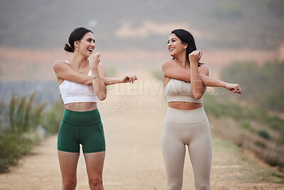 Buy stock photo Stretching, fitness and women or friends warmup in nature exercise, training and happy support or wellness. Personal trainer, teamwork and sports people or runner with body workout and outdoor health