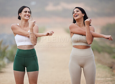 Buy stock photo Stretching, laughing and women in nature, workout and wellness with smile, balance and motivation. Female athletes, friends and happy girls stretch arms, training outdoor and warm up for practice