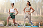 Fitness, lunges or friends in nature in yoga exercise workout or legs training in healthy lifestyle. Athlete girls, women or sports people exercising for body goals together in forest in summer 