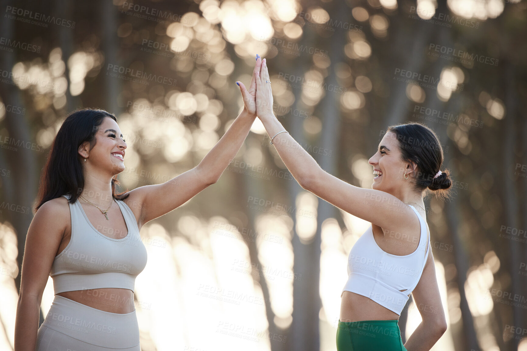 Buy stock photo Happy, fitness or friends in nature high five for goals, motivation or winning mindset in celebration. Sports success, teamwork or excited women celebrate running workout, exercise or cardio progress