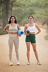 Fitness, portrait or happy women in nature for yoga exercise to start workout or body training. Healthy athlete girls smile, relaxed friends or people ready for outdoor exercising together on mat