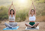 Yoga, lotus or friends smile in nature for spiritual meditation, calm freedom or gratitude together. Fitness people, zen or happy girl relaxing or stretching in exercise to meditate on mindfulness