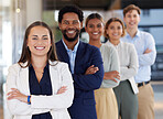 Teamwork, smile and portrait of business people in office with crossed arms, startup success and leadership. Collaboration, diversity and happy employees with mission, company pride and support