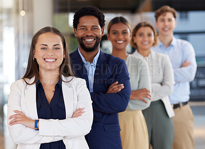 Buy stock photo Teamwork, smile and portrait of business people in office with crossed arms, startup success and leadership. Collaboration, diversity and happy group of employees for mission, company pride and trust