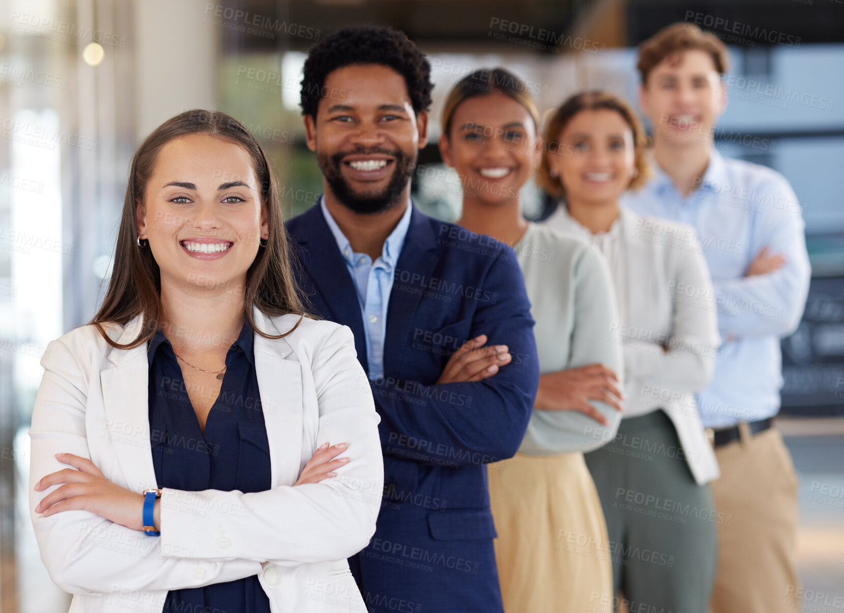 Buy stock photo Teamwork, smile and portrait of business people in office with crossed arms, startup success and leadership. Collaboration, diversity and happy group of employees for mission, company pride and trust