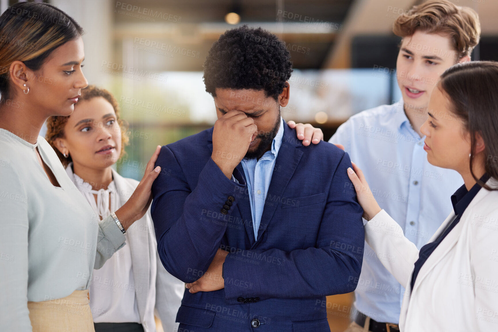 Buy stock photo Black man, stress or headache with team for support on mental health and anxiety. Corporate leader with depression, burnout fatigue or tired and frustrated in office with empathy from men and women