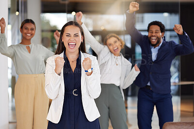 Buy stock photo Celebration, winner and excited business people in office with winning, startup success and leadership. Collaboration, teamwork and portrait of happy employees for victory, achievement and work goals