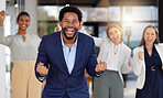 Winning, celebration and excited business black man in office with startup success, happiness and cheering. Collaboration, teamwork and portrait of happy employees with achievement, goals and victory