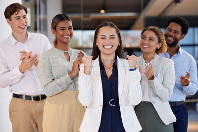 Buy stock photo Leadership, winner and portrait of business people in office cheering for promotion, deal and startup success. Company pride, diversity and happy employees with achievement, victory and celebration