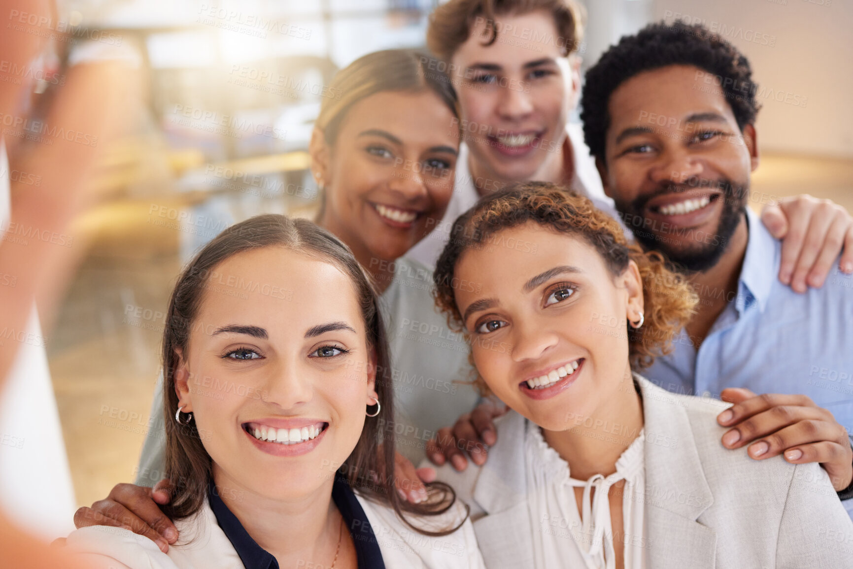 Buy stock photo Selfie, group portrait and business people in social media post, online diversity promotion and business photography. Happy professional friends, career influencer or gen z staff in a profile picture