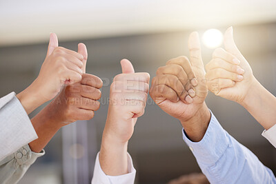 Buy stock photo Hands, thumbs up and motivation with a business team in celebration of a goal, target or deal at work. Thank you, winner and collaboration with a group of people celebrating success in the office