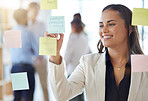 Business, brainstorming and woman writing notes of agenda, research and smile at office window. Happy project manager planning ideas on glass, timeline and strategy of mission, schedule or management