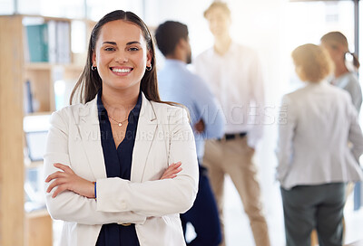 Buy stock photo Business woman, portrait and arms crossed for leadership in office, company and management in Atlanta. Happy female manager, worker and employee with corporate values for success, trust and pride 