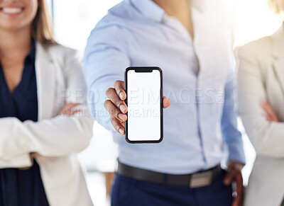 Buy stock photo Phone mockup, contact us and people hand for business mobile app, ux design or product placement space. Website, social media or online professional person show smartphone or cellphone screen mock up