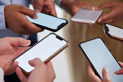 Buy stock photo People, group and phone mockup screen for advertising, marketing and networking. Hand, friends and mobile mock up on smartphone website for multimedia, app and download data on technology connection