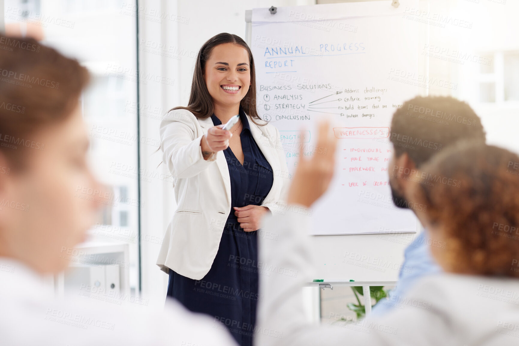 Buy stock photo Business, presentation and woman leadership for questions, feedback and planning ideas in company discussion. Female manager, whiteboard and mentor asking audience in seminar, brainstorming and talk