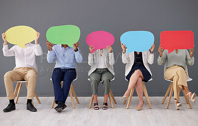 Buy stock photo Speech bubble, business people and hide face for social media, voice and diversity in office. Corporate group, businessman and women with opinion, mock up and team building with vote poster